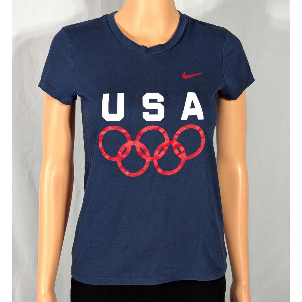 Nike USA SportsTee Shirt 2008 Beijing Olympic Women's XS Dry Fit Blue Red Rings